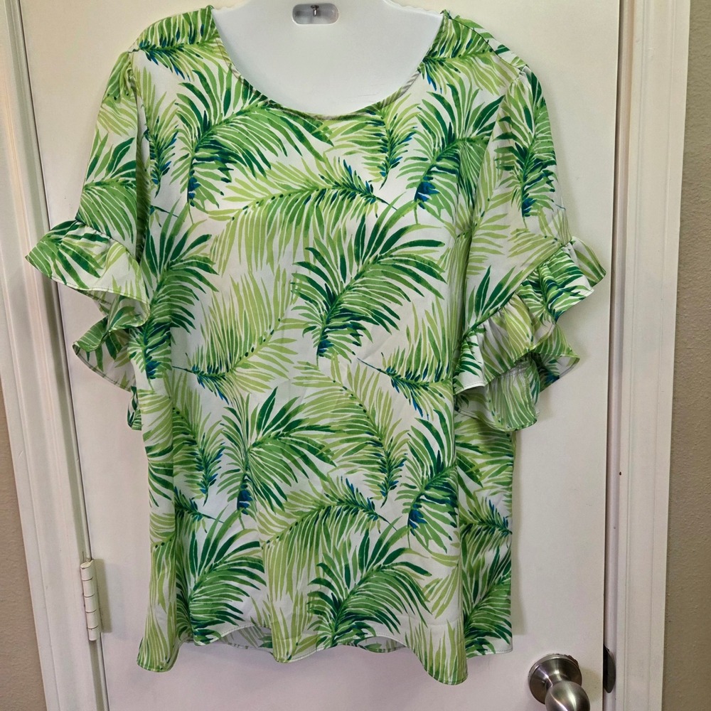 Versona Green Tropical Palm Leaf Ruffle Sleeve Blouse Large Scoop Neck Keyhole